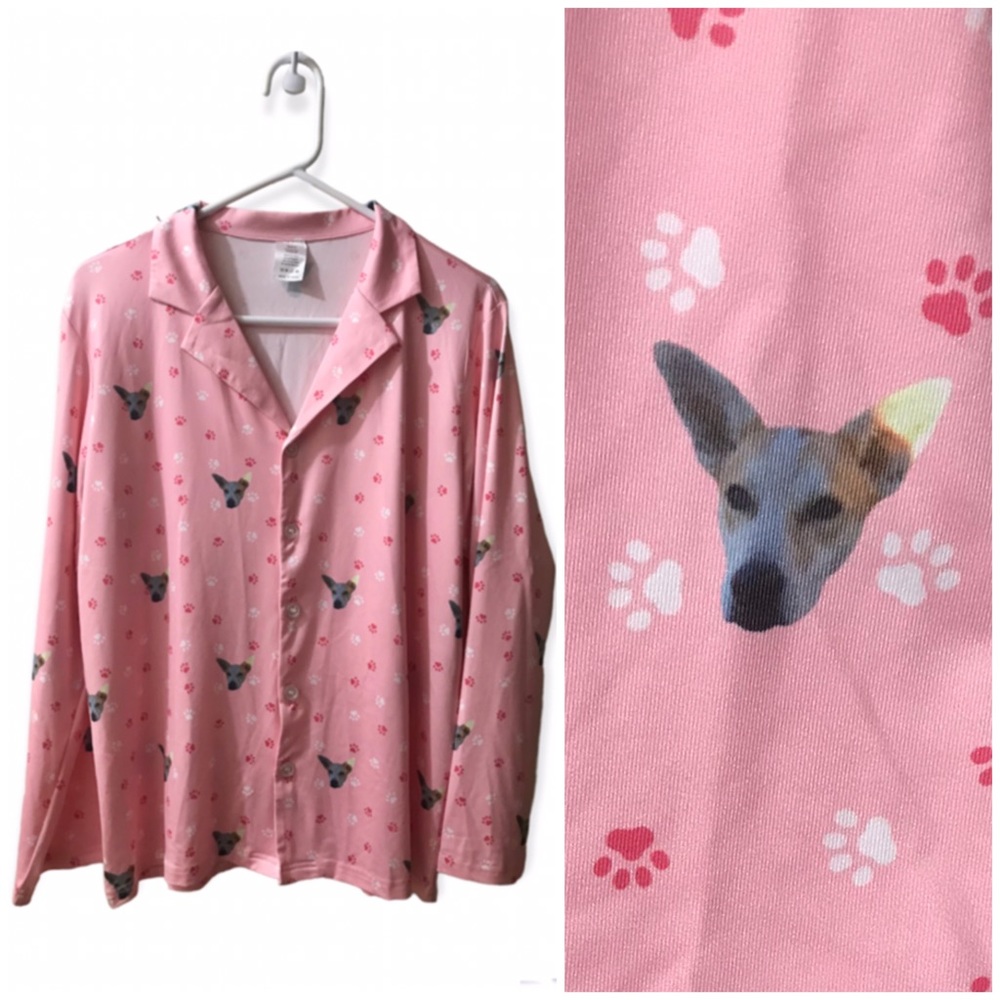 NEW Dog Pajama Top, Pet Novelty Print Long Sleeve Button Down PJ Pink Size Small